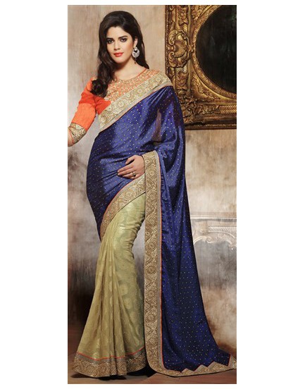 cream and blue saree