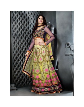 yellow designer lehenga with blue blouse
