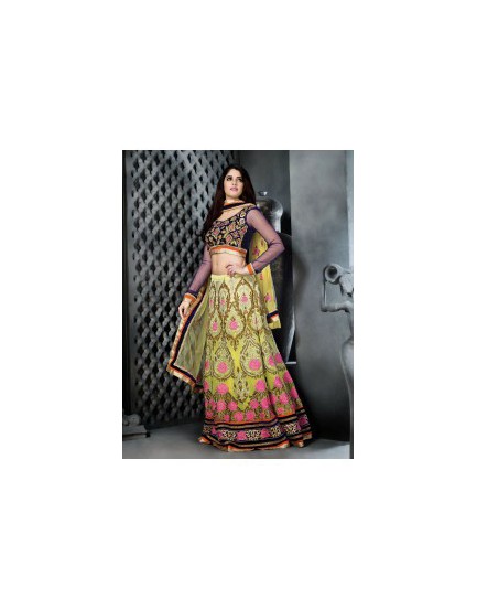 yellow designer lehenga with blue blouse