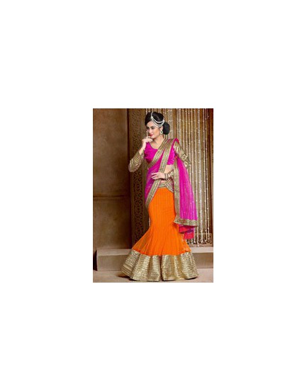 pink and orange fishcut lehenga