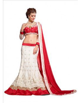 white and red fishcut lehenga