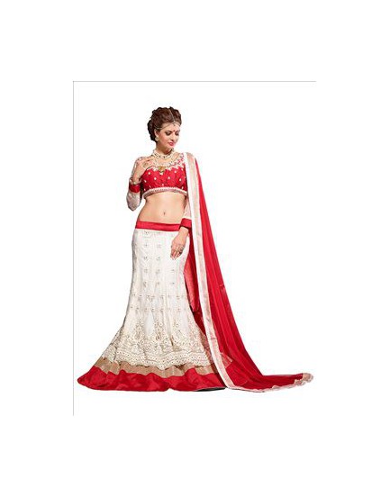 white and red fishcut lehenga
