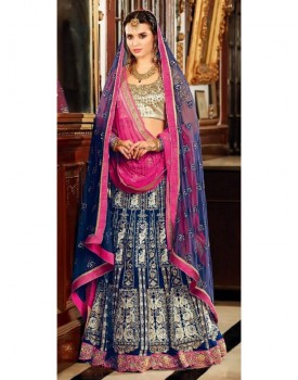 blue and pink bridal lehenga