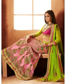 Rose pink and green bridal lehenga