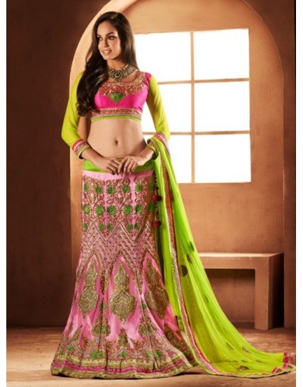 Rose pink and green bridal lehenga