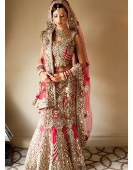 peach colour embroidery bridal lehenga