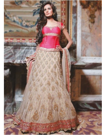 pink and white bridal lehenga