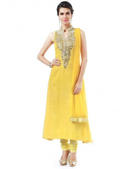 yellow ready made dress with stone work