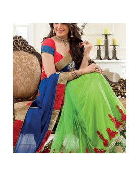 Parrot green georgette & net combo thread & zari worked saree-sr6055