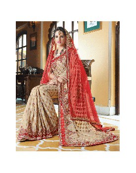 cream&maroon bridal saree
