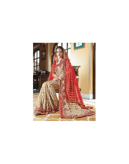 cream&maroon bridal saree