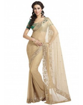 cream saree with work n green combination