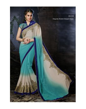 Shaded aqua blue and off white color saree