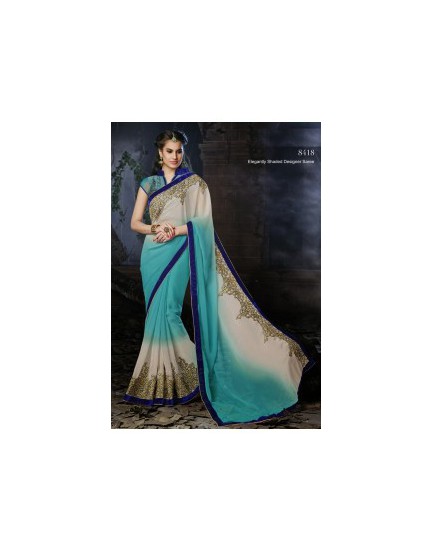 Shaded aqua blue and off white color saree