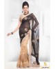 beige-black-net saree