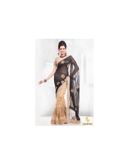 beige-black-net saree