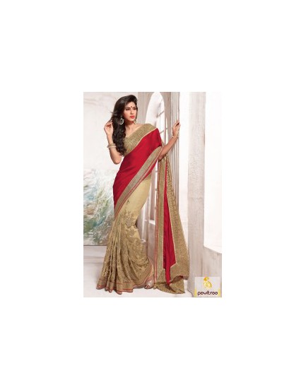 red-beige-designer-net saree
