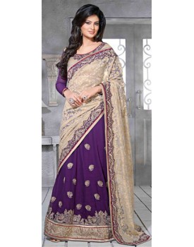 cream and violet party wear saree