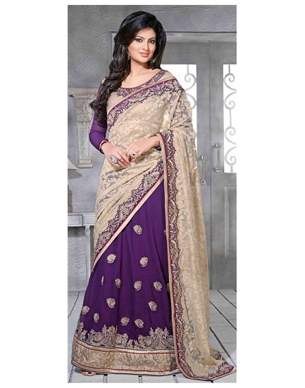 cream and violet party wear saree