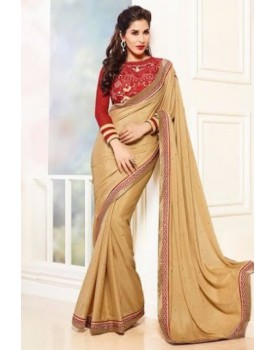 cream party wear saree with designer blouse