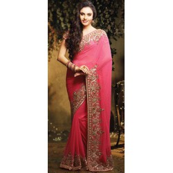 pink saree with border work