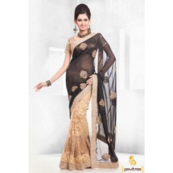 beige-black-net saree