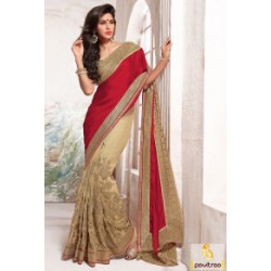 red-beige-designer-net saree